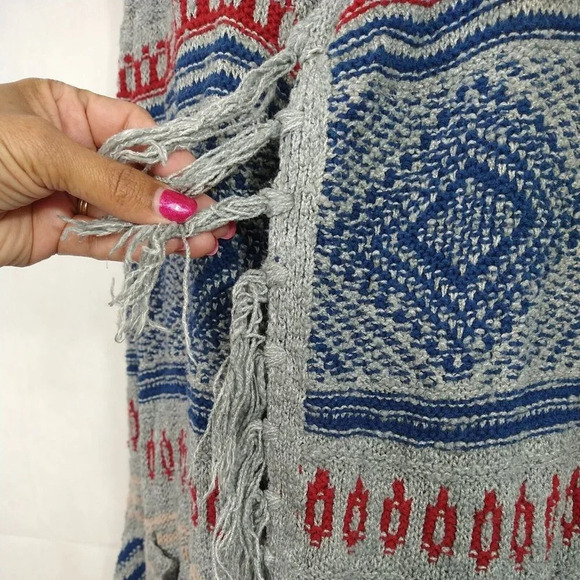 American Eagle Open Cardigan Sweater Fringe Women Size S Blue Grey Red Long Slv - Picture 4 of 6